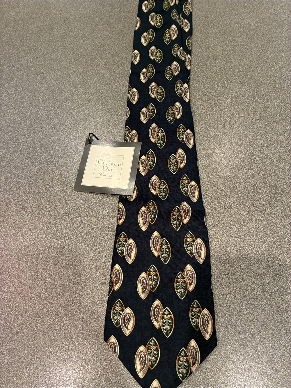 Dior Black Silk Tie with Gold and Green Paisley Motifs